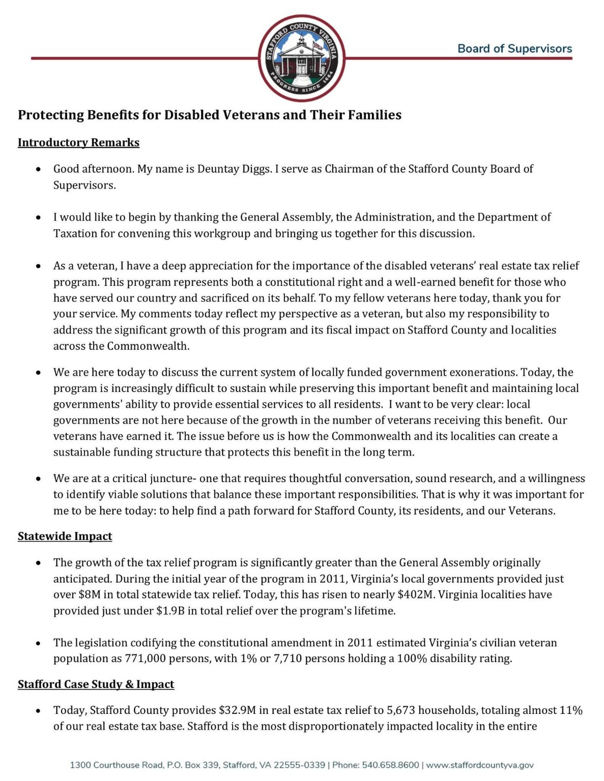 First page of Chairman Deuntay Diggs' prepared remarks to Virginia's Disabled Veteran Property Tax Exemption Work Group