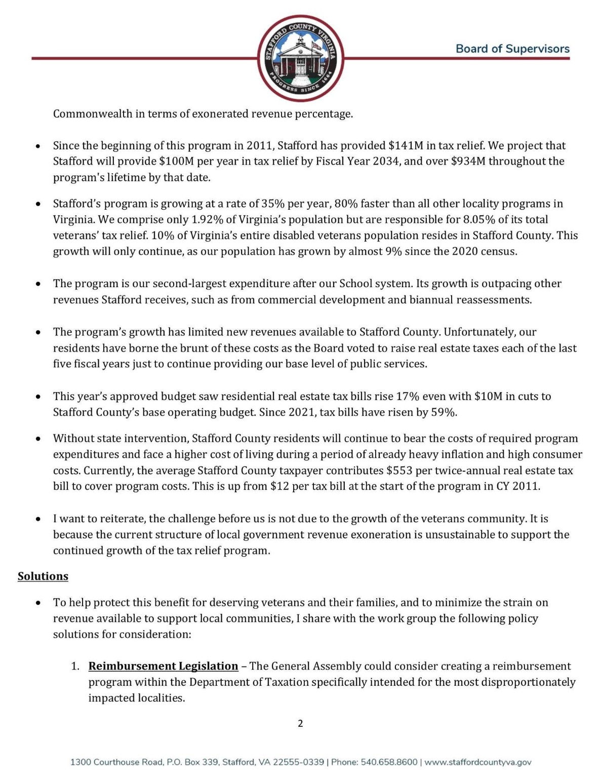 Second page of Chairman Deuntay Diggs' prepared remarks listing Stafford County impacts and proposed reimbursement legislation