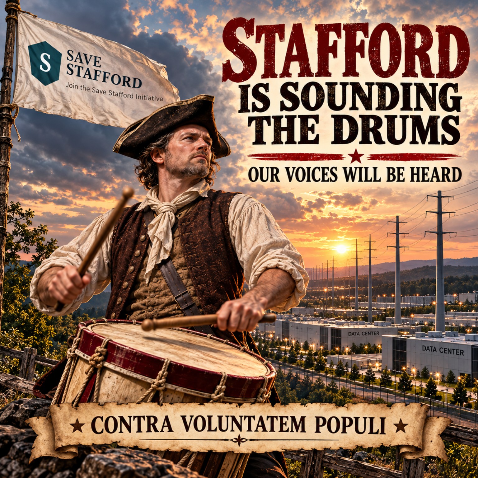 Save Stafford: Stafford is sounding the drums. Our voices will be heard. A colonial drummer with the Save Stafford flag, transmission poles and data centers behind him.