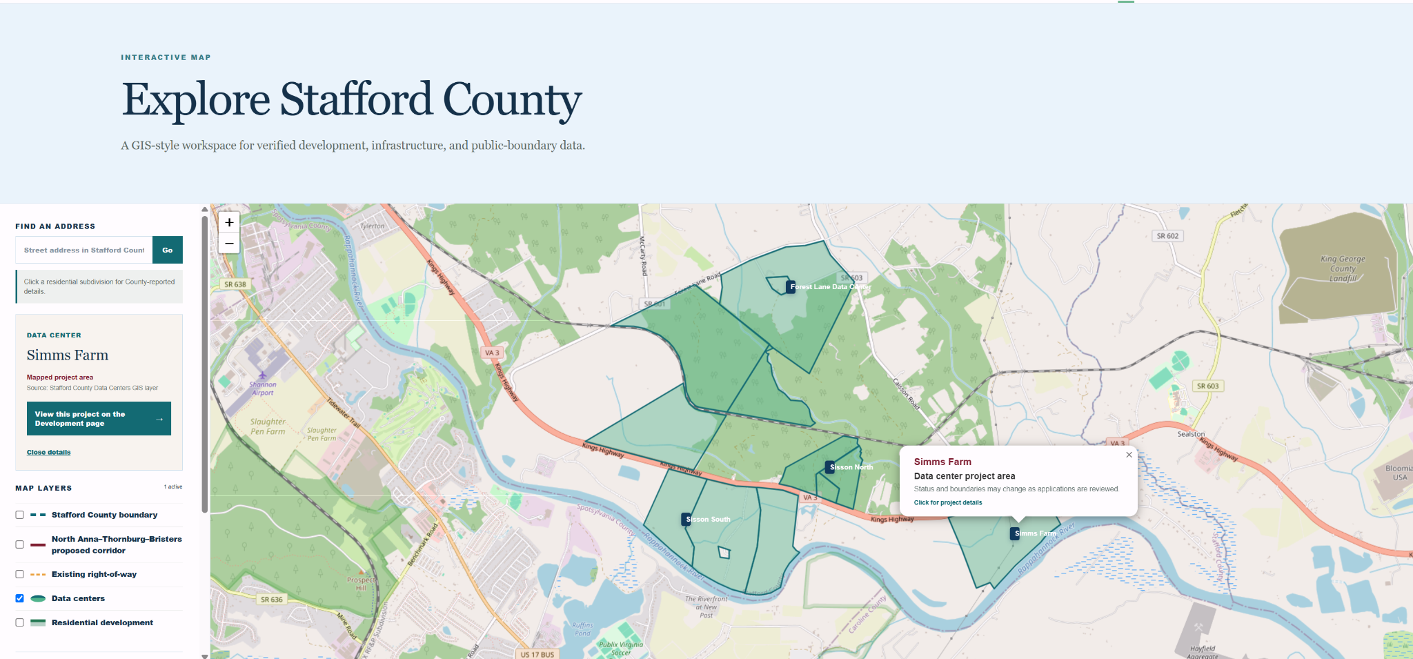 Save Stafford map showing the proposed Simms Farm data center area near Kings Highway and the Rappahannock River