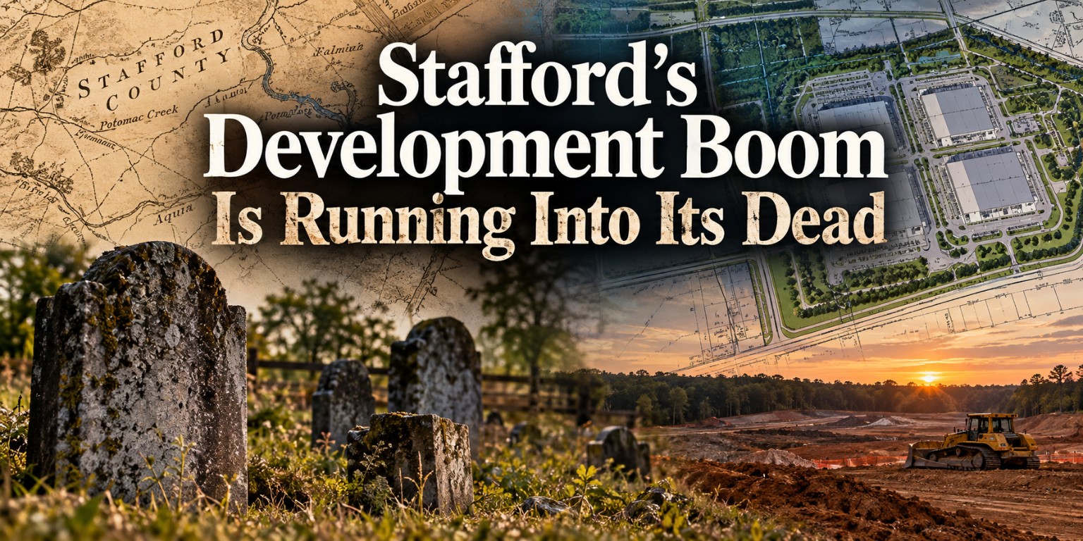 Historic cemetery beside maps and a modern development site in Stafford County