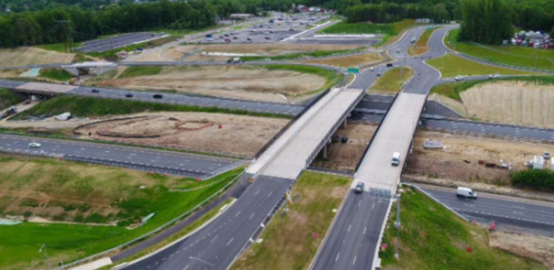 Aerial view of a road interchange and overpasses