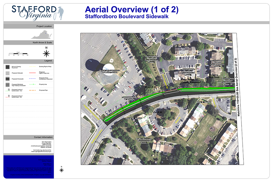 Aerial plan showing the Staffordboro Boulevard sidewalk alignment between the Juggins Road Connector and Pike Place